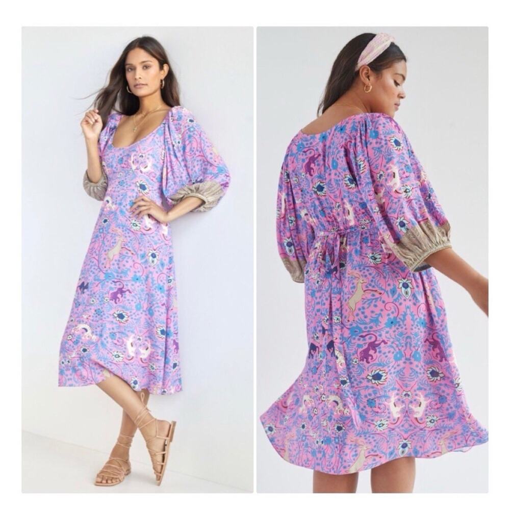 Anthropologie Tracy Reese puff sleeve Fantasy Forest Print Midi Dress Medium